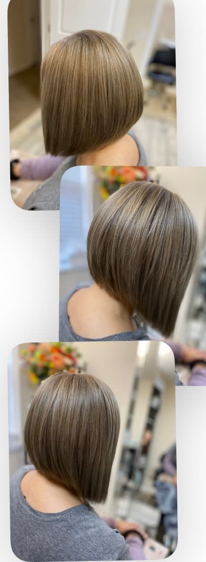 Precision stacked bob cut — multi-angle collage showcasing a clean angled bob with natural brunette tones and soft highlights, side and back views at Divine Retreat salon