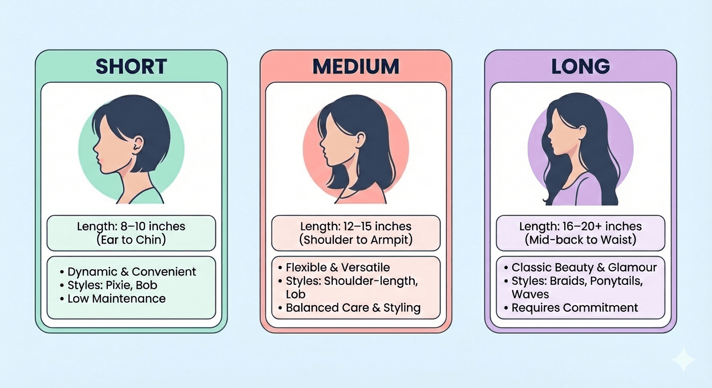 Hair length guide showing short (8-10 inches, ear to chin), medium (12-15 inches, shoulder to armpit), and long (18-20+ inches, mid-back to waist) hair categories